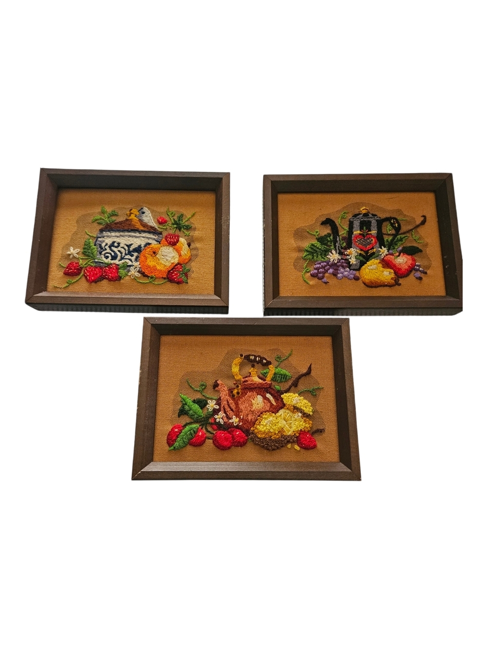 Vintage Art Crewel Needlepoint Trio - Brown, Red, Yellow, Green - Fruit, Kitchen